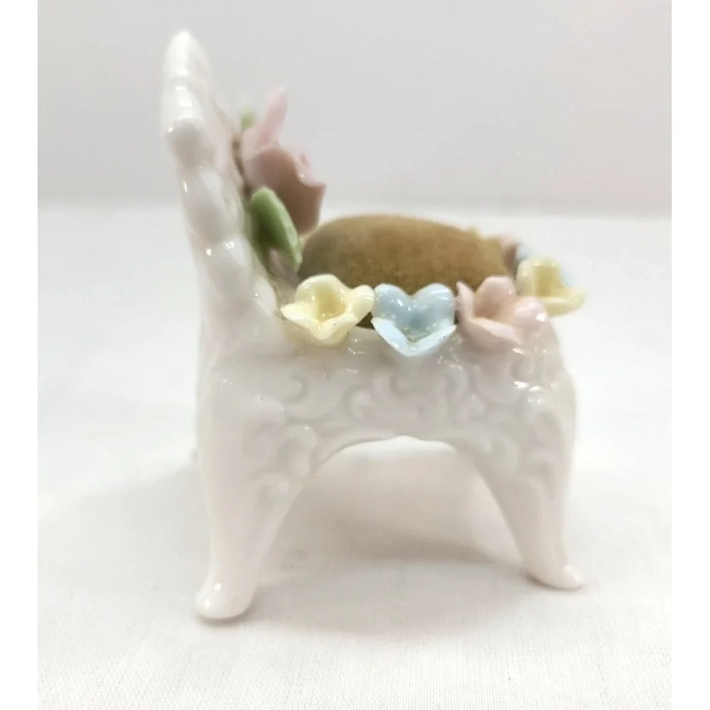 Pin Cushion Ardalt White Porcelain Chair Multi Colored Flowers Japan Vintage